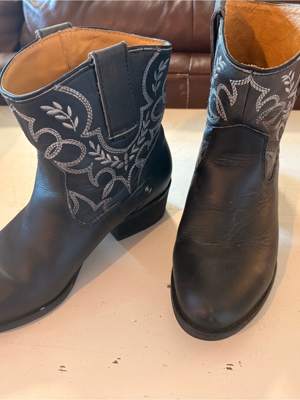 Embroidered Black Leather Ankle Booties - Women's